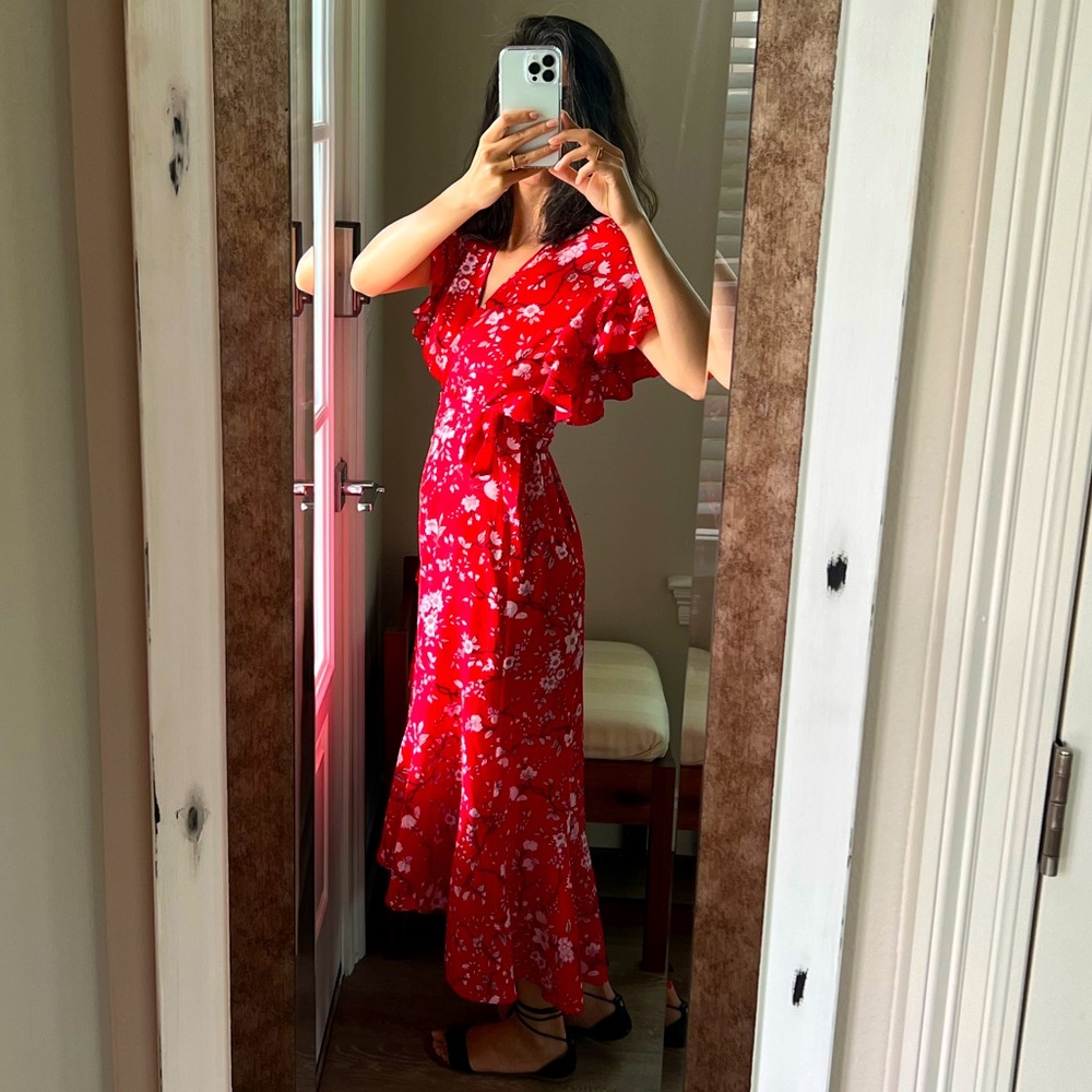 Red maxi summer dress with cherry blossoms